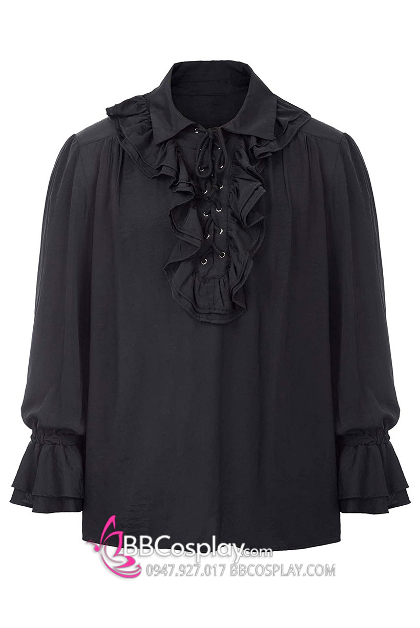 Áo Sơ Mi Đen Nam Tước Cổ Bèo Quý Tộc Cổ Điển