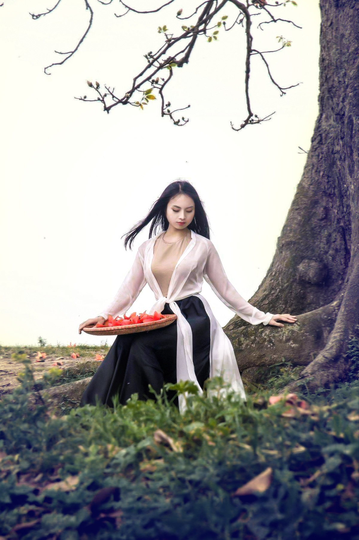 Tứ Thân Trắng Yếm Màu Be Đụp Đen