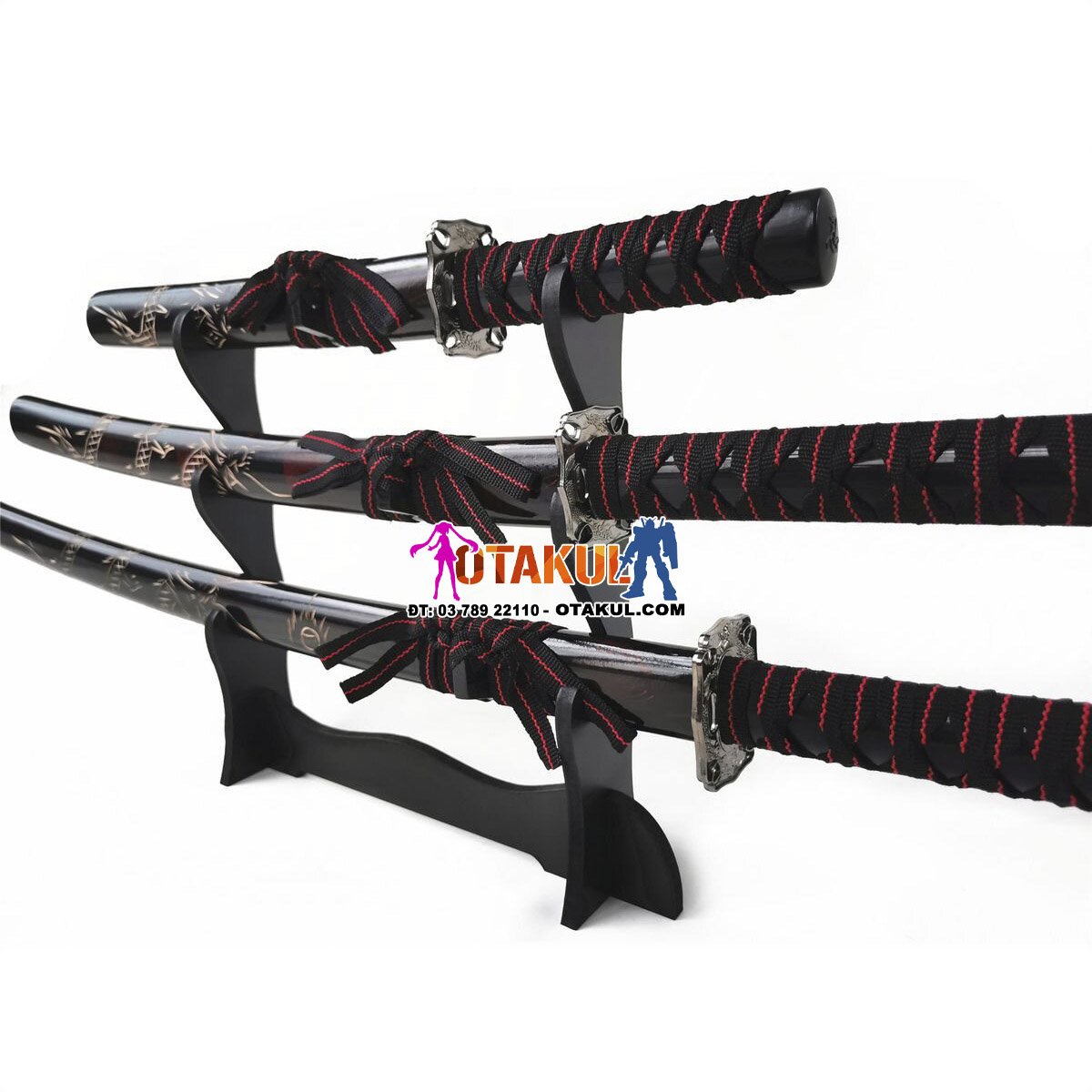 Bộ 3 Kiếm Nhật Samurai Đen Vân Đỏ Chạm Khắc Rồng Tinh Xảo