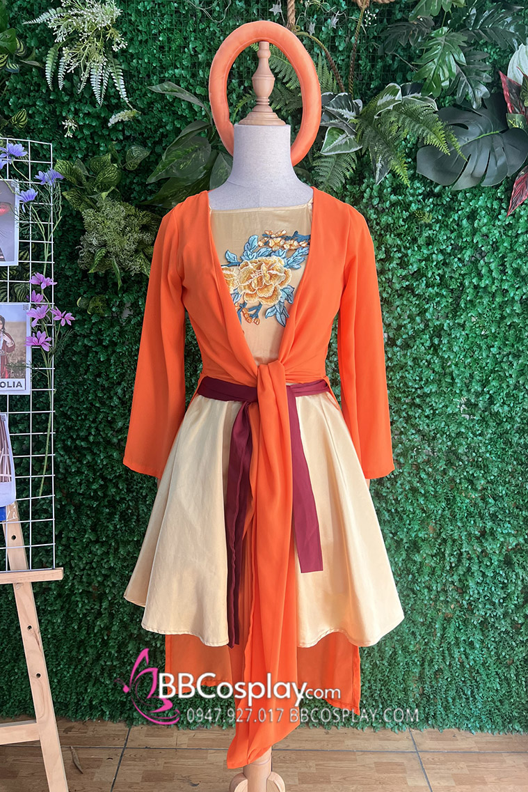 Bộ Váy Tứ Thân Cách Tân Yếm Vàng Áo Cam