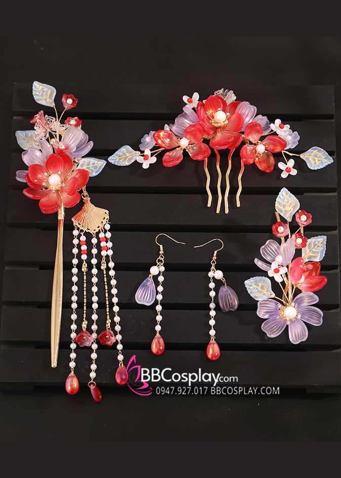 Bộ 5 Món Trâm Cài Cổ Trang Hoa Đỏ Cánh Tím