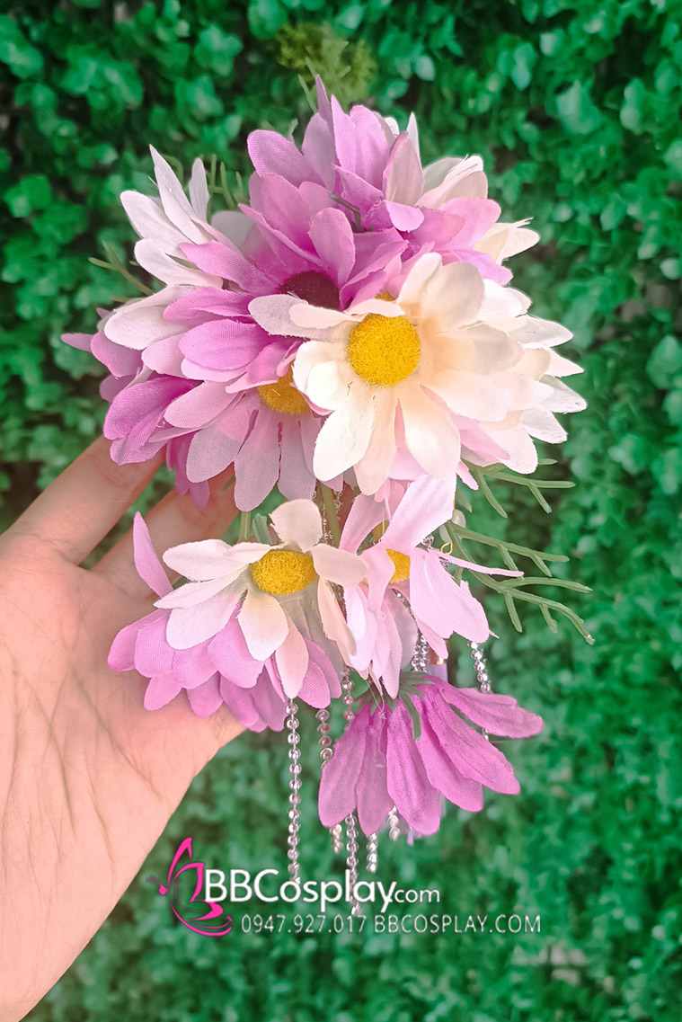 Kanzashi Hoa Cài Tóc Lớn Tím Phối Trắng