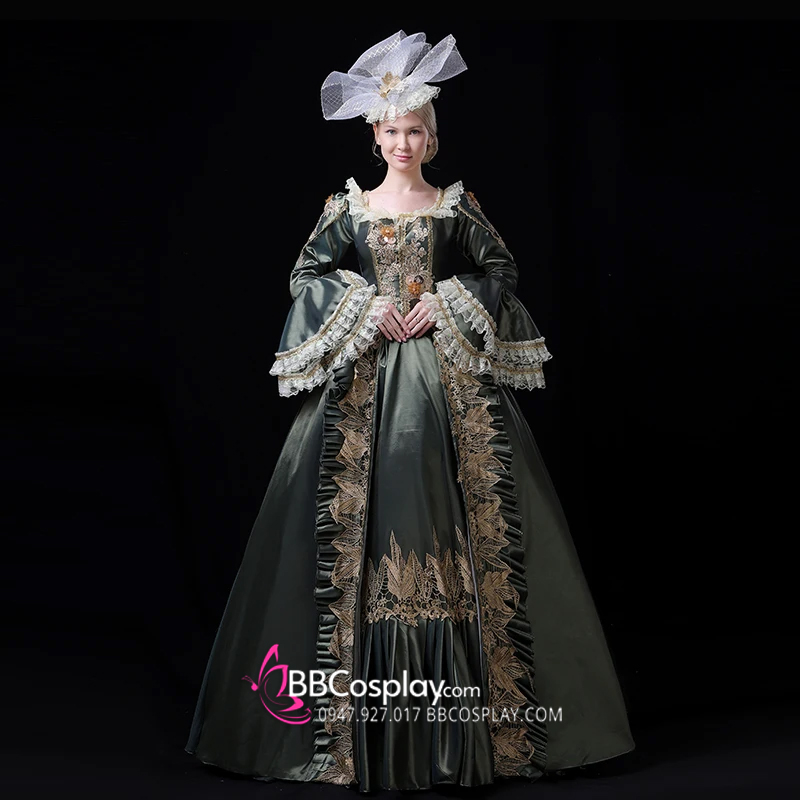 Đầm Nữ Hoàng Châu Âu Vintage Xanh Rêu