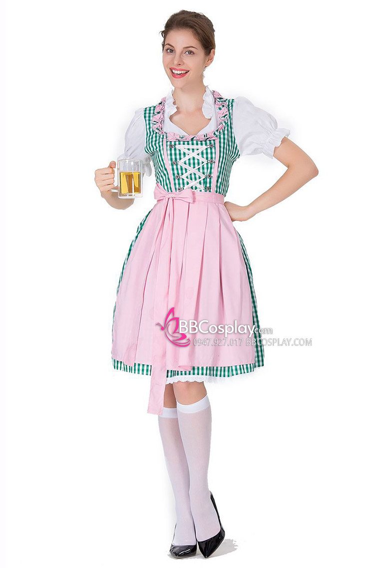 Đầm Lễ Hội Bia Đức Đầm Xanh Tạp Dề Hồng