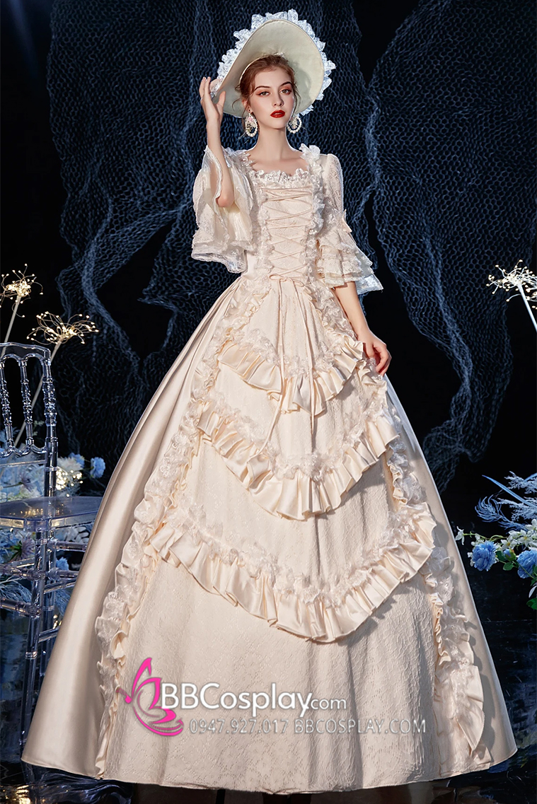 Đầm Tiểu Thư Trắng Vintage Xếp Tầng Quý Phái