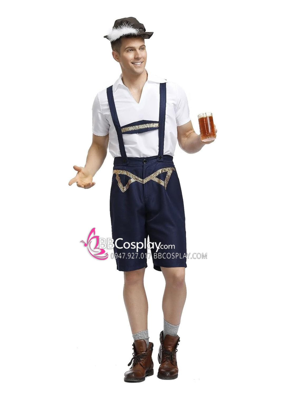 Trang Phục Lễ Hội Oktoberfest - Bia Đức Nam Áo Trắng Quần Yếm Xanh Dương