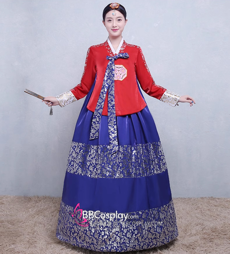 Hanbok Áo Đỏ Váy Xanh Gấm In Nhũ
