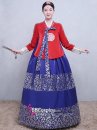 Hanbok Áo Đỏ Váy Xanh Gấm In Nhũ