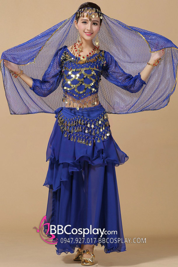 Trang Phục Cô Dâu Ấn Độ Xanh Đậm Tay Dài Kim Sa