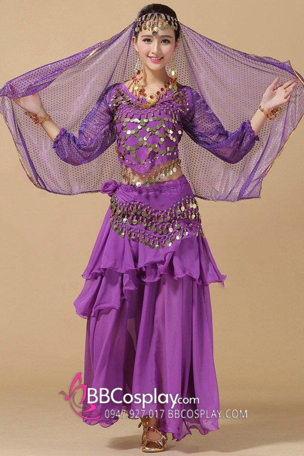 Trang Phục Cô Dâu Ấn Độ Tím Tay Dài Kim Sa
