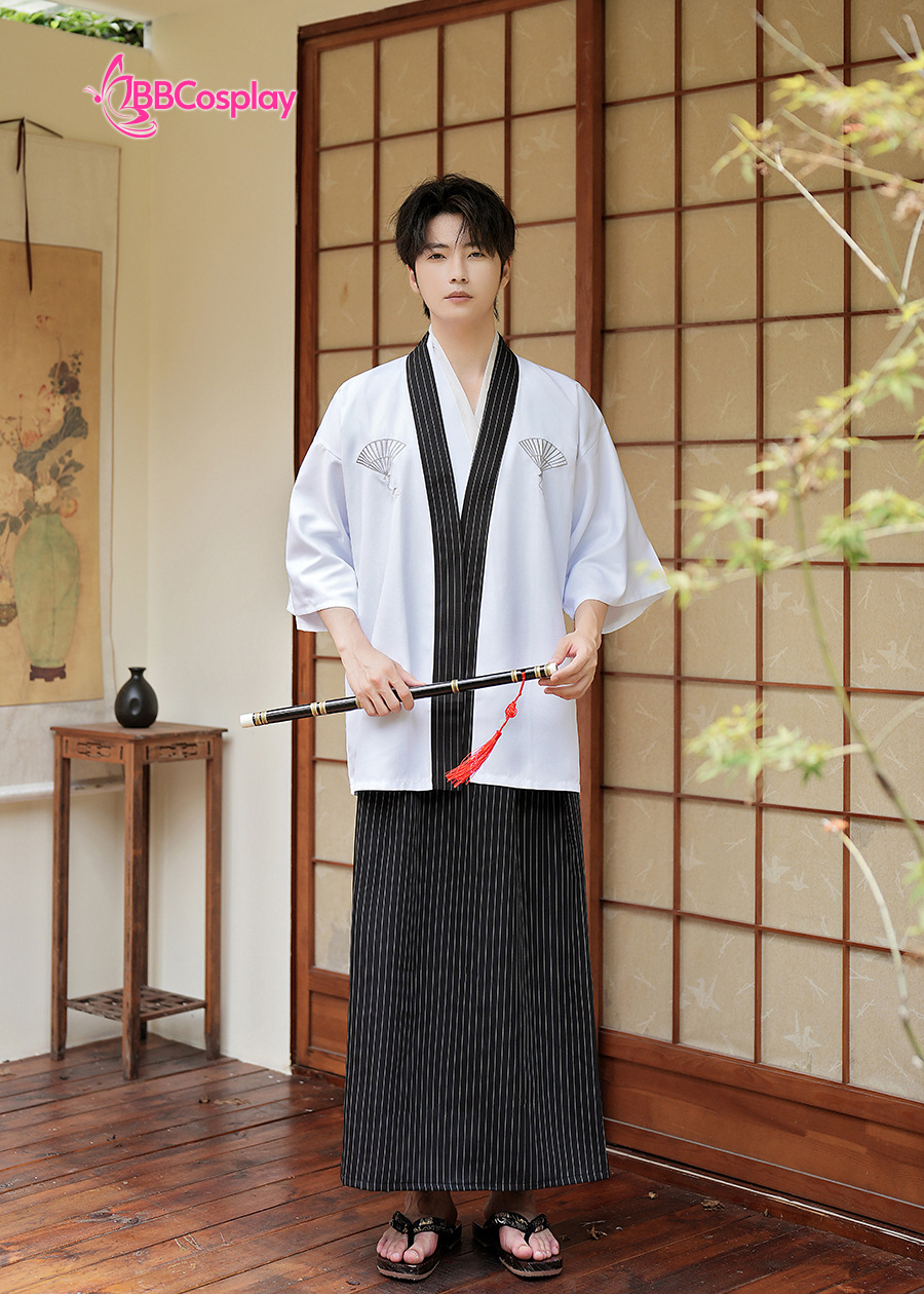 Samurai Kimono Nam Trắng Viền Đen