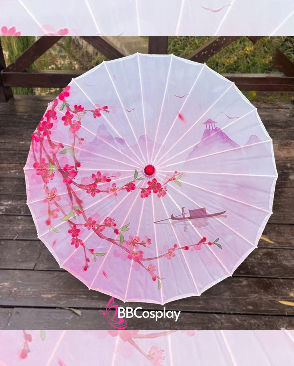 Dù Vải Cổ Trang Hoa Anh Đào Màu Đỏ