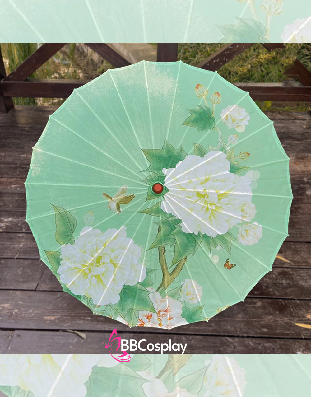 Dù Vải Cổ Phong Hoa Phù Dung Trắng Nền Xanh Mơ