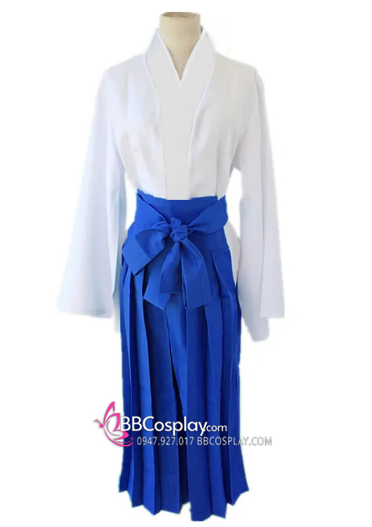 Yukata Áo Trắng Hakama Xanh Dương