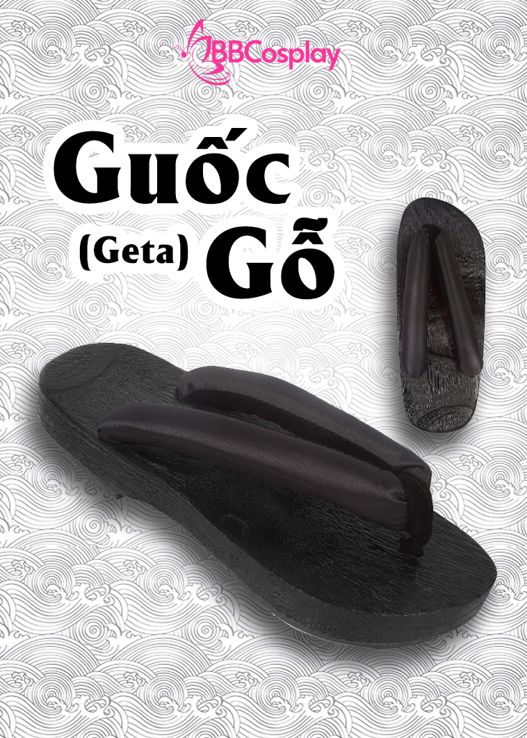 Guốc Gỗ Geta Bản Gỗ Đen Đế Thấp Quai Đen