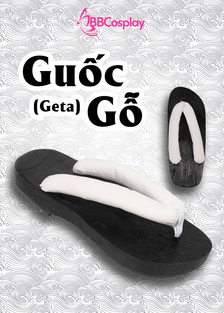 Guốc Gỗ Geta Bản Gỗ Đen Đế Thấp Quai Trắng