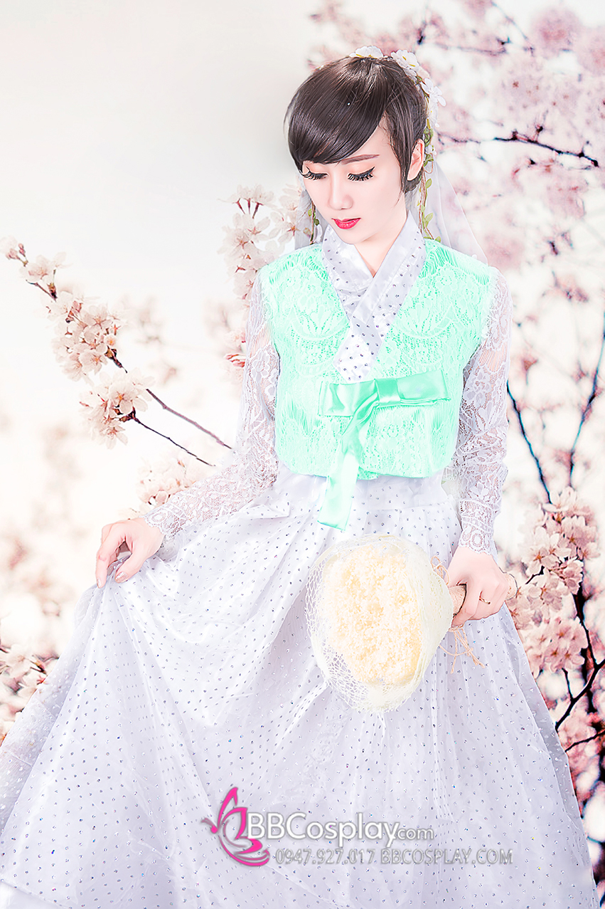 Hanbok Cưới Ren Tone Trắng Xanh Mint