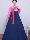 Hanbok Hàn Quốc In Họa Tiết Bạc Áo Hồng Váy Xanh Tay Áo