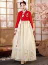 Hanbok Áo Đỏ Cổ Thêu Váy Voan Vàng Thêu Hoa