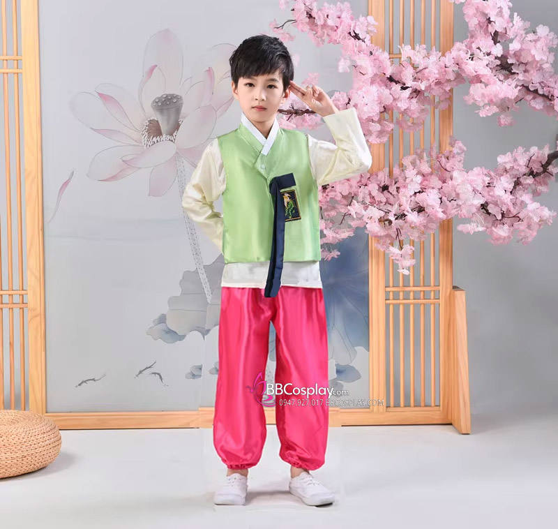 Hanbok Bé Trai Chuẩn Hàn Áo Xanh Lá Quần Hồng