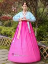 Trang Phục Hanbok HQ Đẹp Áo Xanh Váy Hồng Viền Carot Thêu Hoa