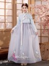 Hanbok Áo Xanh Cổ Thêu Váy Voan Xám Thêu Hoa Mẫu Mới