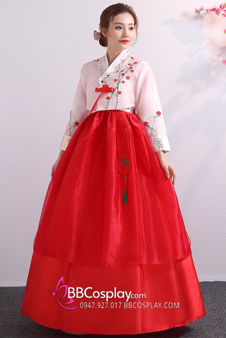 Hanbok Lễ Tết Hàn Voan Thêu Váy Hai Tầng