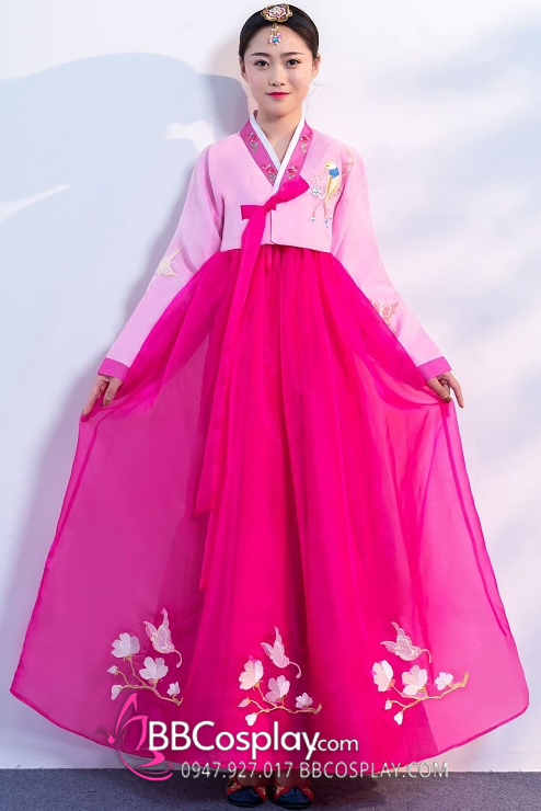 Quần Áo Hanbok Chuẩn Hàn Voan Thêu Hồng Nữ Tính