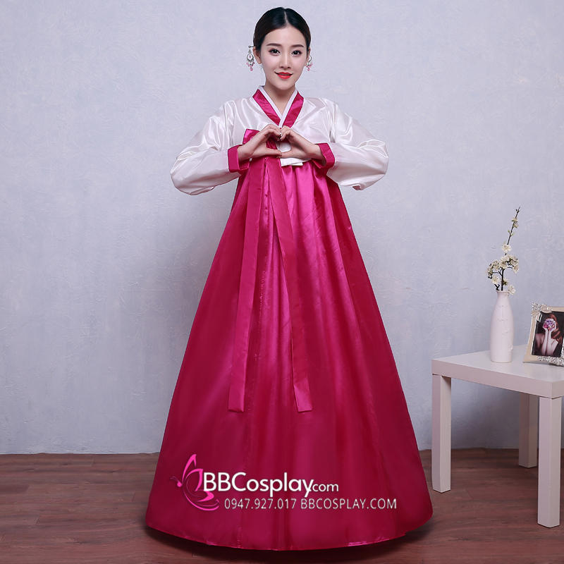 Hanbok Hàn Quốc Giá Rẻ Áo Trắng Váy Hồng Nơ Hồng