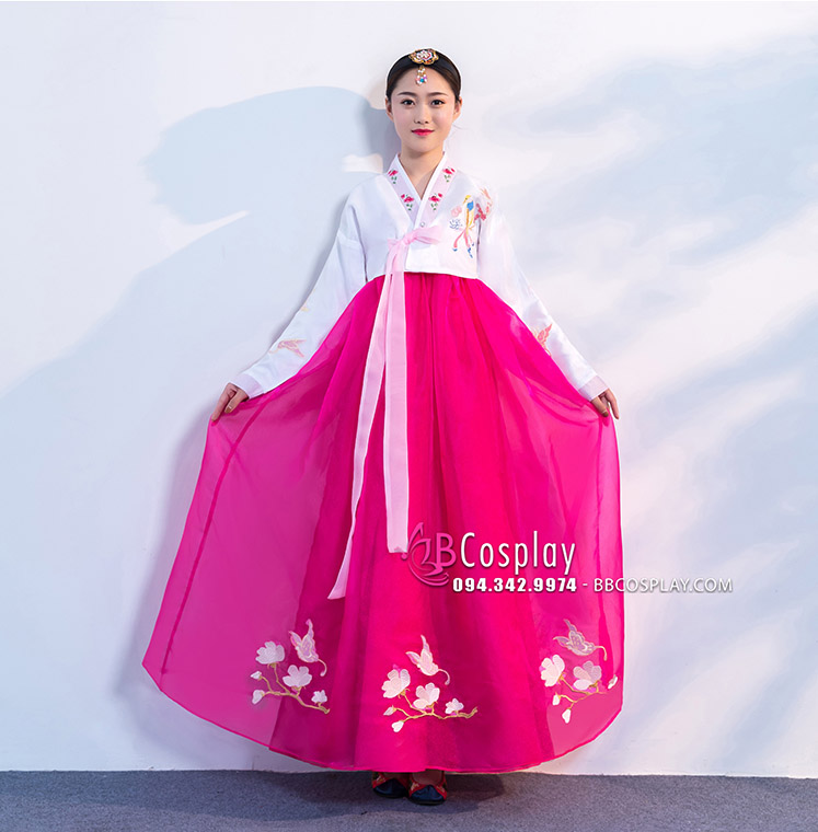 Hanbok Hàn Quốc Áo Trắng Váy Hồng