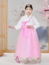 Hanbok Trẻ Em Áo Trắng Thêu Hoa Váy Hồng Voan