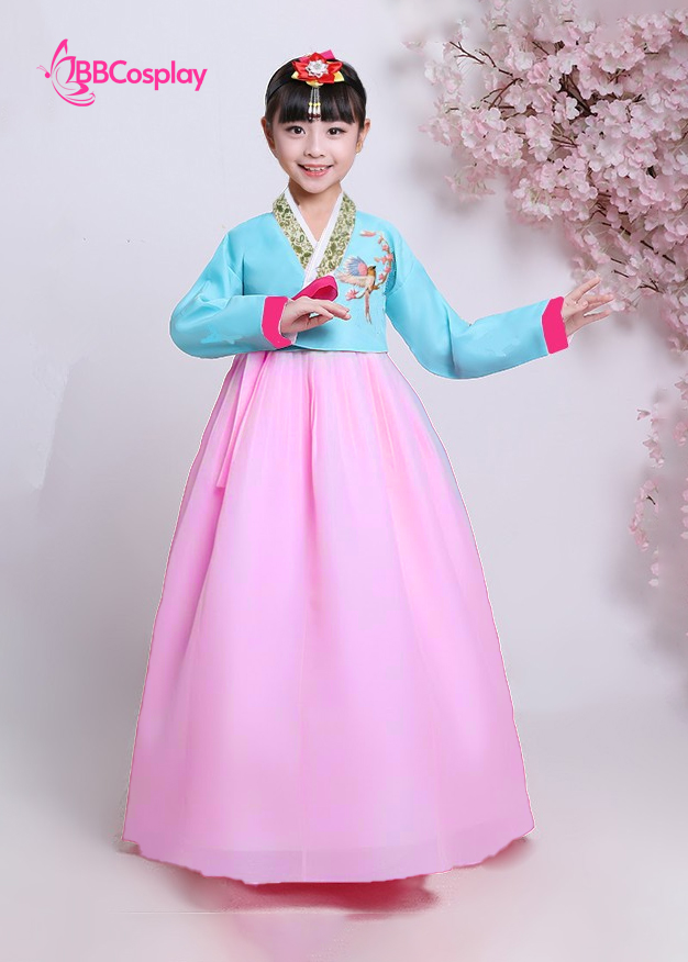Hanbok Bé Gái Thêu Chim Áo Xanh Váy Hồng Nhạt