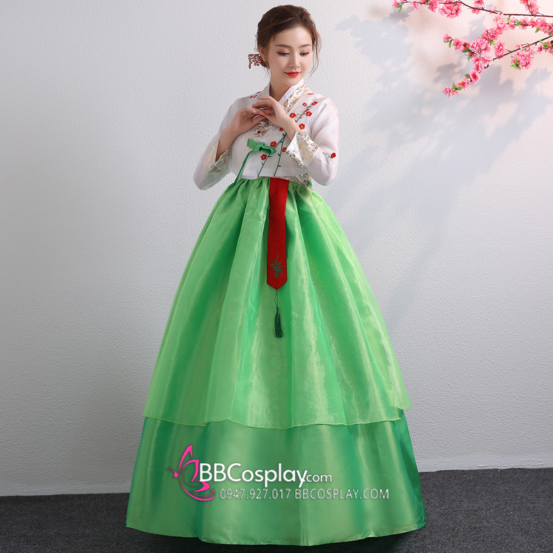 Hanbok Hàn Voan Thêu Áo Trắng Váy Hai Tầng Xanh Lá