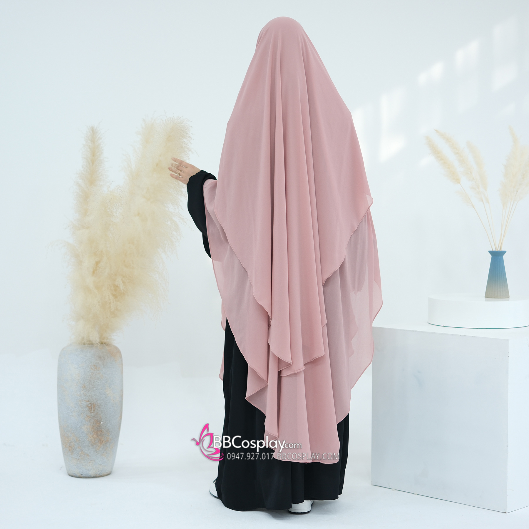Khăn Trùm Khimar Tam Giác 2 Lớp Màu Hồng Baby