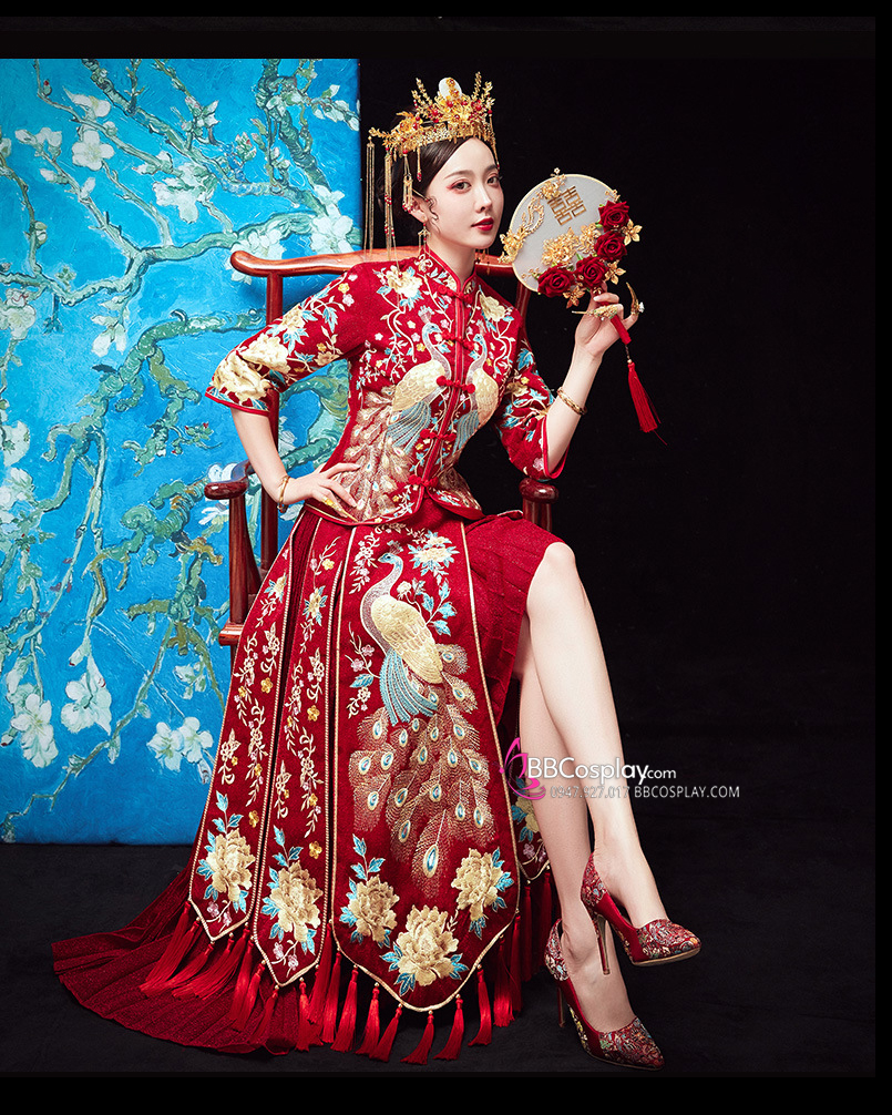 Hỉ Phục Đỏ Tua Rua Thêu Hình Chim Khổng Tước