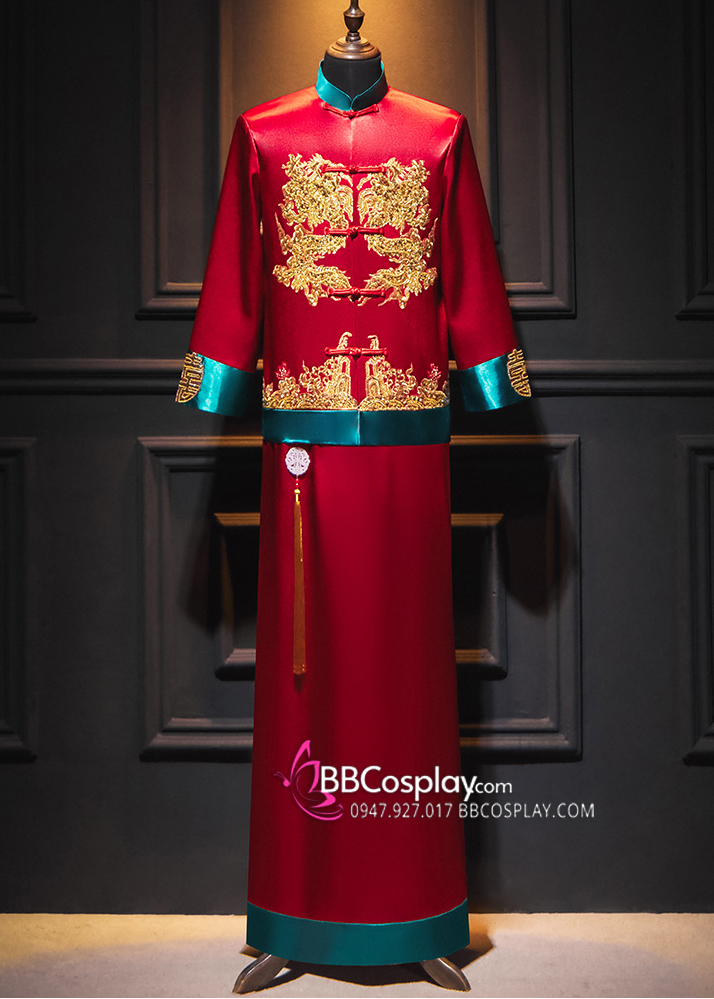 Trang Phục Tân Lang - Mẫu Đỏ Xanh Đính Cườm Long Phụng 2024
