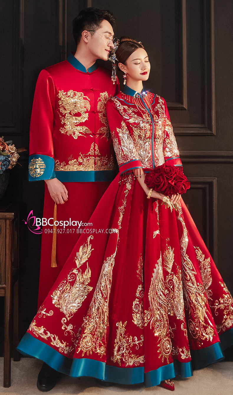 Trang Phục Cưới Phong Cách Trung Hoa Mẫu Đỏ Xanh Đính Cườm Long Phụng 2024
