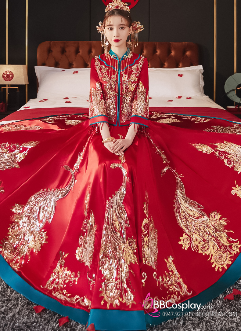 Hỷ Phục Tân Nương -  Mẫu Đỏ Xanh Đính Cườm Long Phụng 2024