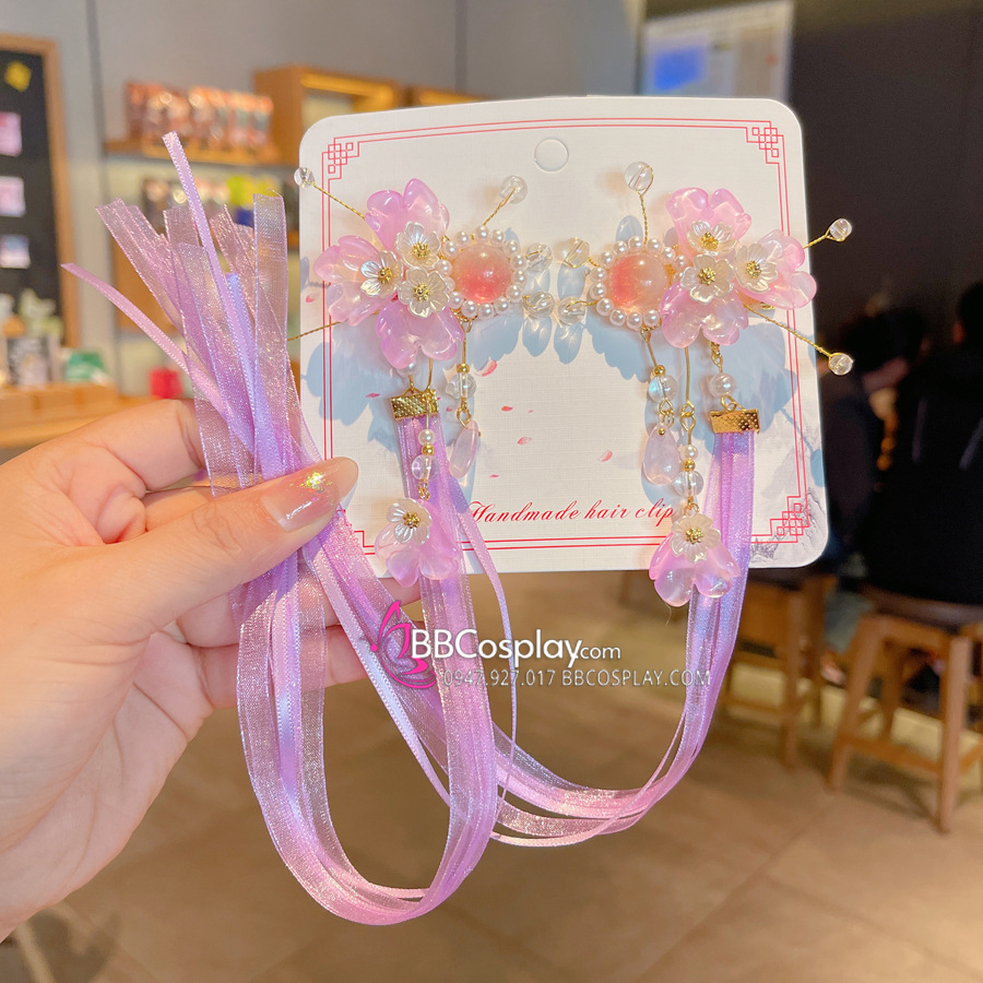 Cặp Kẹp Tóc Đính Hạt Tone Tím Kèm Ruy Băng