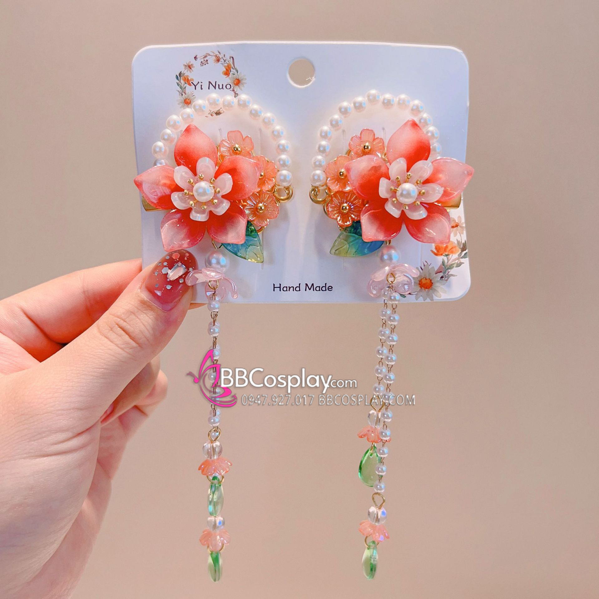 Cặp Kẹp Tóc Hoa Đỏ Kèm Ngọc Trai Kiểu Tiên Cá