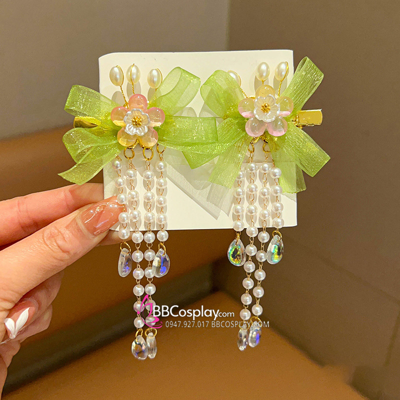 Cặp Kẹp Tóc Hoa Nơ Tone Xanh Mơ Tiểu Cô Nương