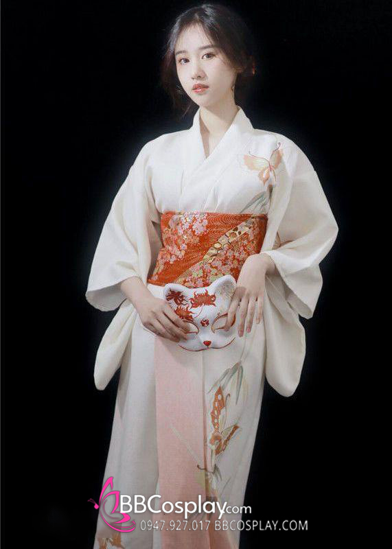 Áo Yukata Trắng Hồng Hoạ Tiết Bướm Nhẹ Nhàng