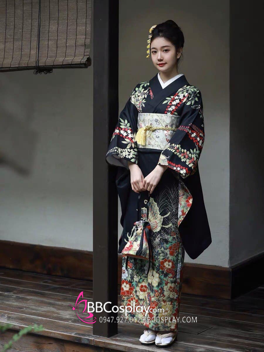Kimono Nhật Nền Đen Bướm Cam