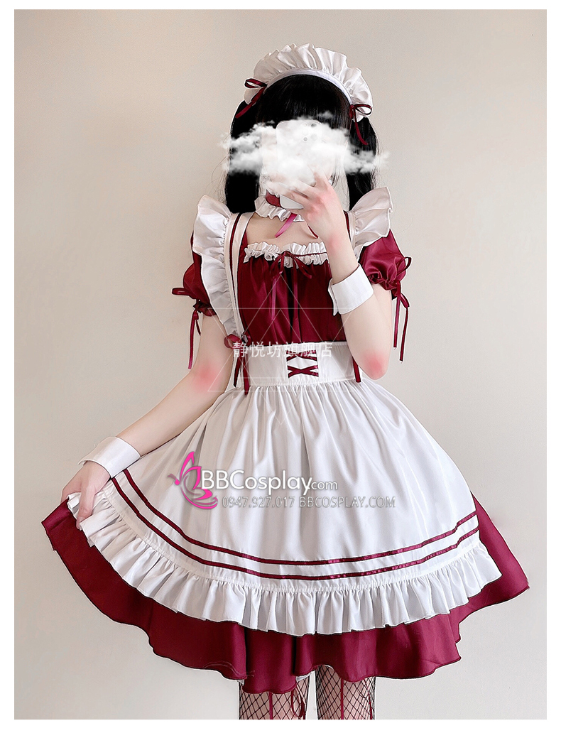Đồ Nàng Hầu Maid Tay Phồng Tạp Dề Trắng Phối Nơ - Màu Đỏ