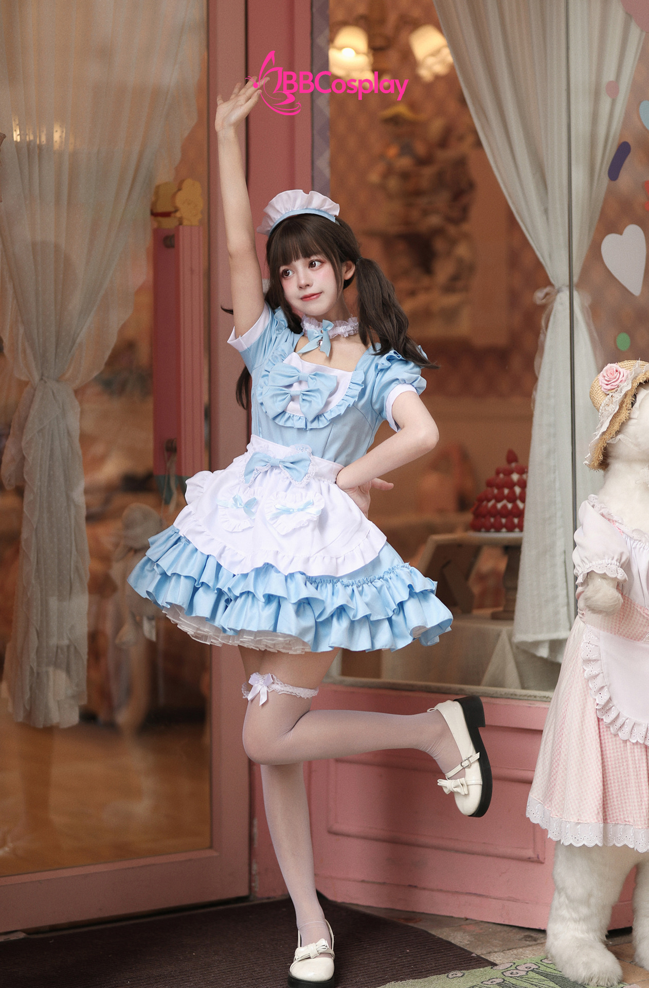 Đồ Nàng Hầu Maid Xanh Dương Tạp Dề Trắng Kèm Nhiều Nơ