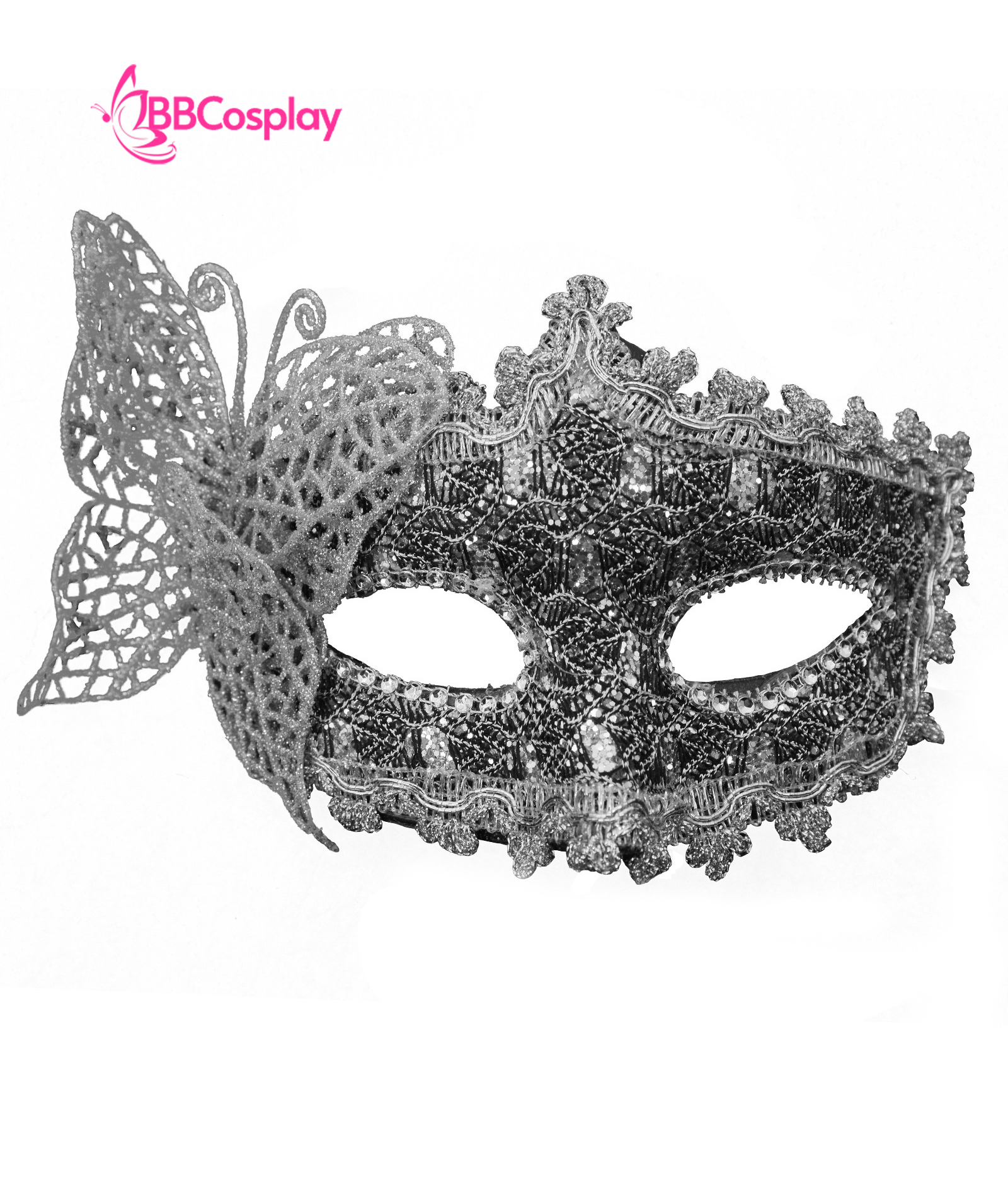 Mặt Nạ Nửa Mặt Ren Cài Bướm - Màu Bạc  Xám