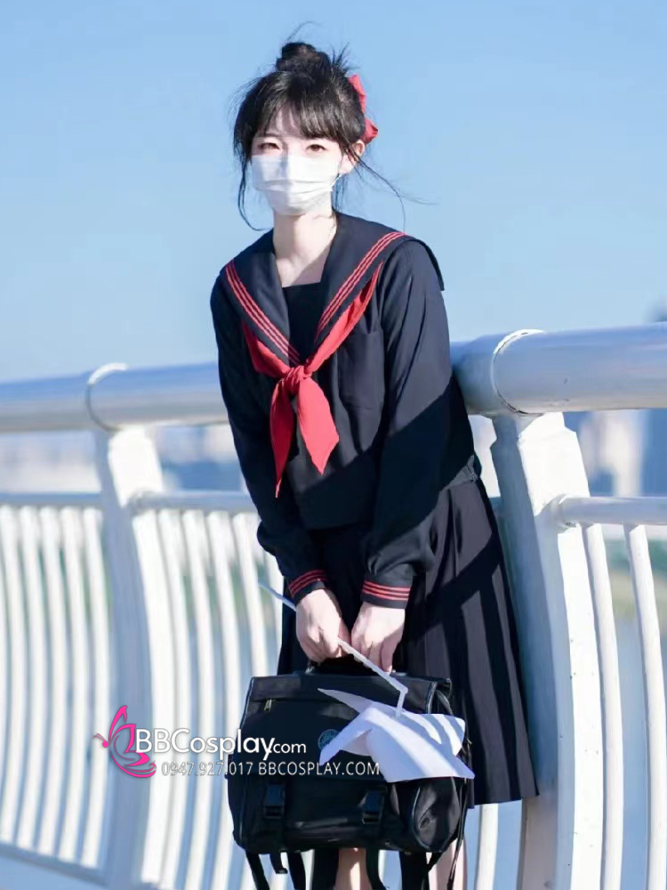 Đồng Phục Nữ Sinh Áo Đen Sọc Đỏ Tay Dài - Kèm Khăn Quàng Đỏ