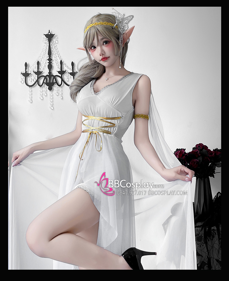 Trang Phục Nữ Thần Hy Lạp Trắng Viền Vàng
