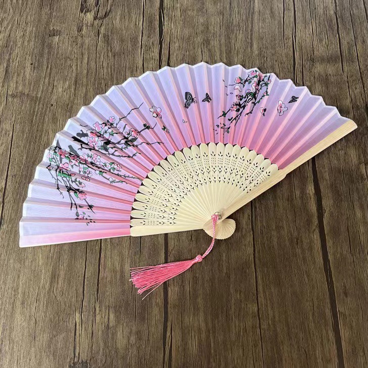 Uchiwa Quạt Vải Nhật Bản Hồng Nhánh Đào Và Bướm Lượn