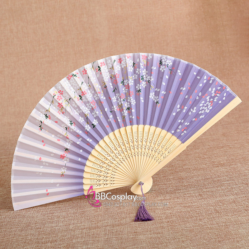 Uchiwa Quạt Vải Nhật Bản Trắng Phối Tím Hoa